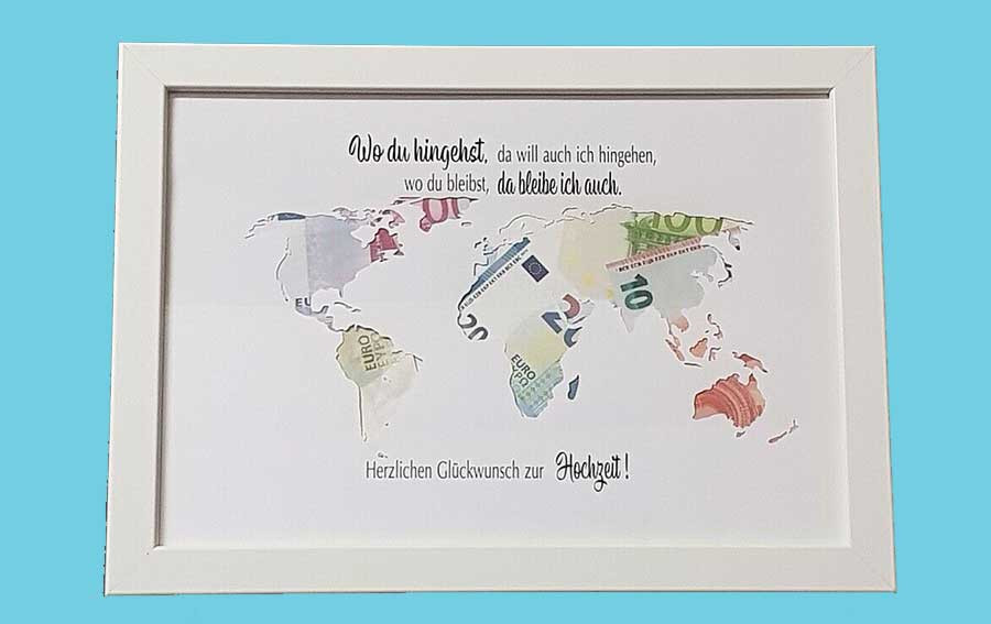 Geldgeschenk zur Hochzeit mit Weltkarte